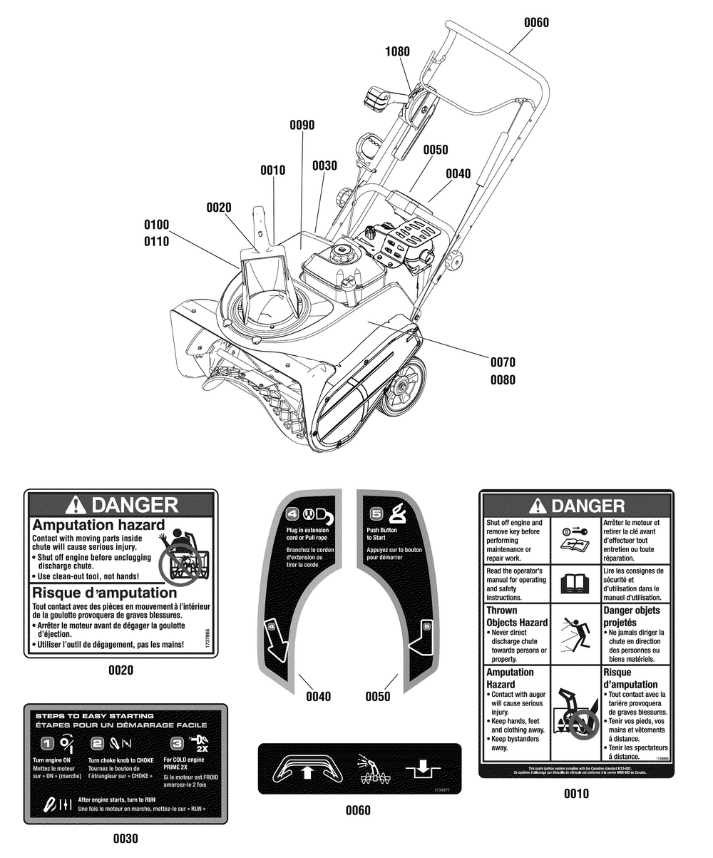 Decals Group Diagram and Parts List for 1696314-00-SS22E 2012 Briggs and Stratton Snow Blower